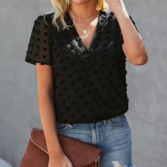 Boho Black Swiss Dot V neck Short Sleeve Top - Picture 4 of 5